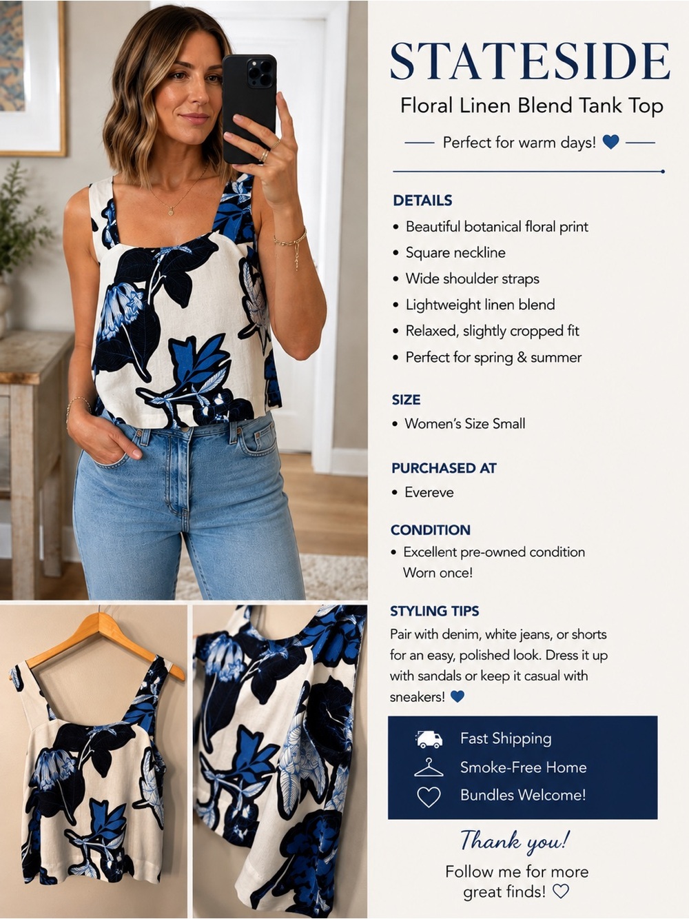 Stateside Blue and White Floral Square-Neck Tank